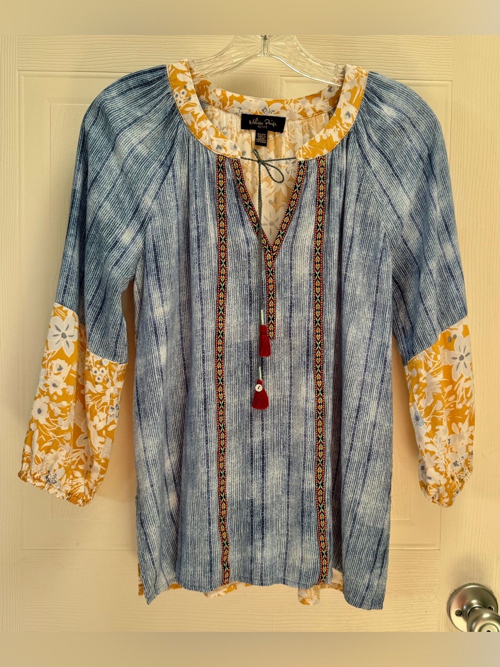 Melissa Paige Petite Blue Striped Boho Tunic Blouse Yellow Floral Cuffs PS